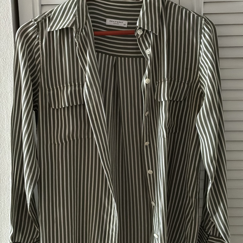 Equipment Olive and White Striped Men's Shirt